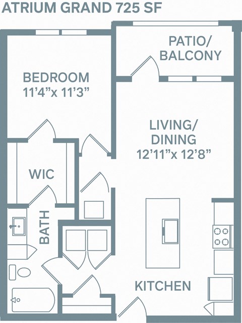 Floor plan for 1 bed, 1 bath, 725 sqft